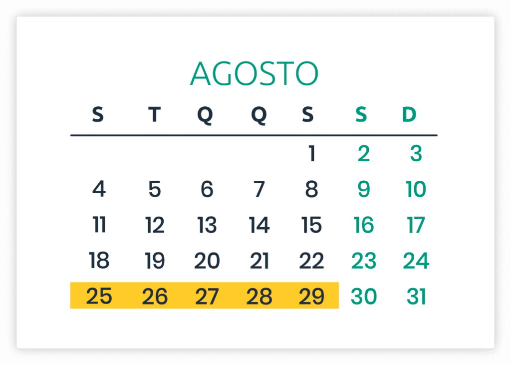 Calendário 1º semana de 25 a 29 de agosto