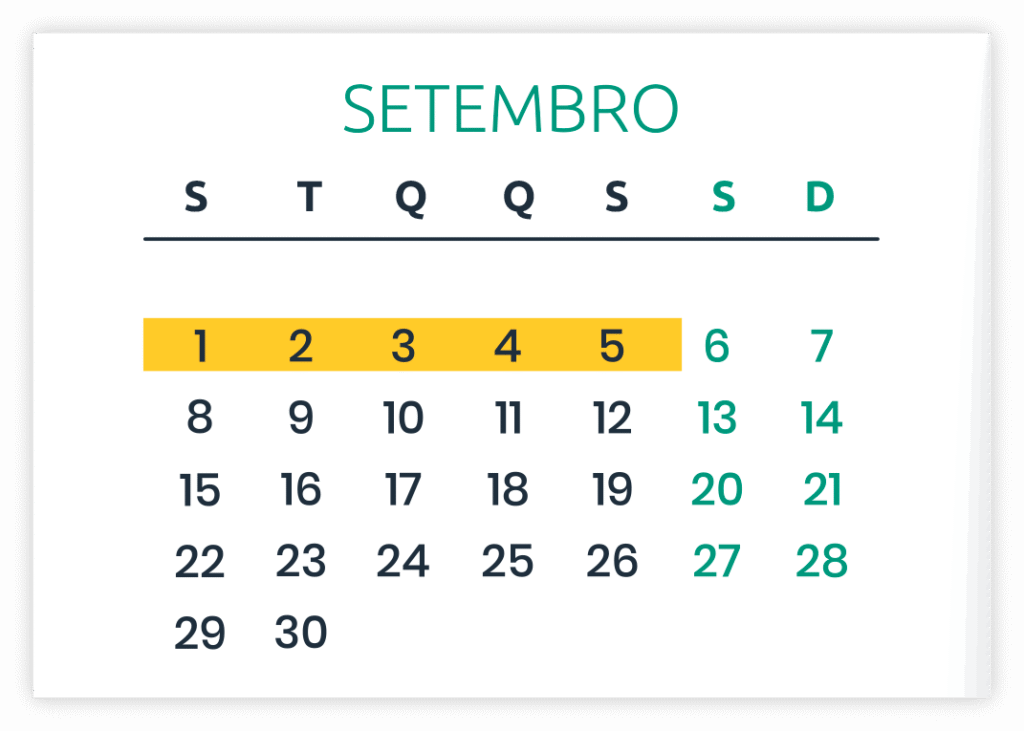 calendário 2ª semana de 1 a 5 de setembro